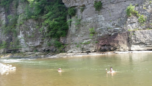 Two people swimming in a river surrounded by steep rocky cliffs and lush greenery.
