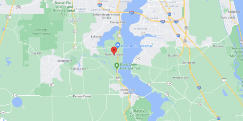 Map showing Fleming Island, Florida, with nearby landmarks like Walmart and Black Creek Park and Trail.