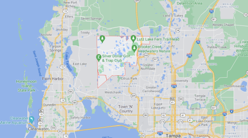 Map of the Lutz area in Florida, highlighting parks, golf courses, and nature trails.
