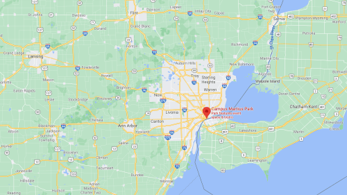 Map showing the Detroit area, highlighting Campus Martius Park in the city center. Major highways and nearby cities are visible.