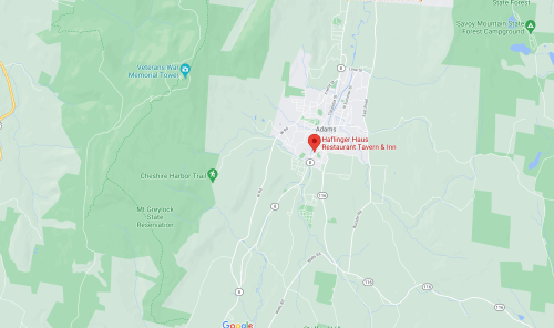 Map showing the town of Adams, Massachusetts, with highlighted location of Haifinger Haus Restaurant, Tavern & Inn.
