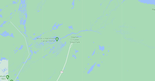 Map showing Stephen C. Foster State Park and Mixon's Hammock Canoe Shelter in a green landscape.