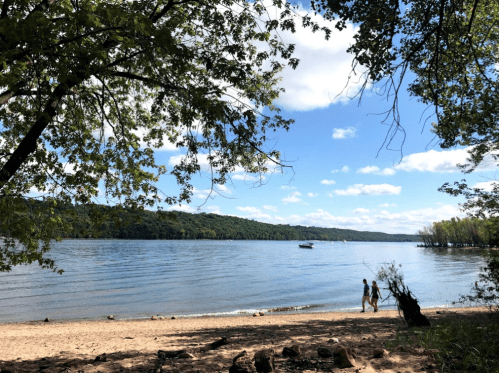Two people walk along a sandy beach by a calm river, surrounded by trees and a clear blue sky.