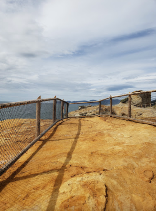 A rocky pathway with a fence leads to a scenic view of the ocean under a cloudy sky.