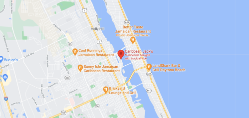 Map showing locations of various restaurants in Daytona Beach, including Caribbean Jack's and Cool Runnings Jamaican Restaurant.