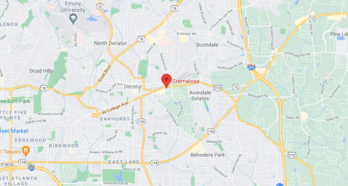 Map showing the location of Crema Coffee in Decatur, Georgia, near Avondale Estates and surrounding neighborhoods.