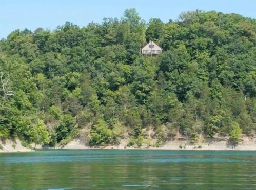 A house perched on a green hillside overlooking a calm lake surrounded by trees.
