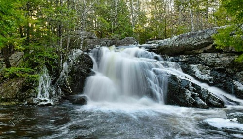 A serene waterfall cascades over rocks, surrounded by lush green trees in a tranquil forest setting.