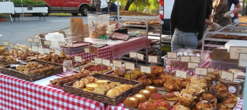 A vibrant market display of assorted baked goods on a checkered tablecloth, with labels for each item.
