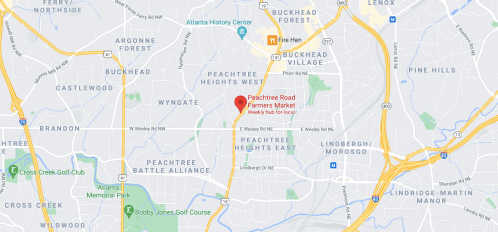 Map showing the location of Peachtree Road Farmers Market in Atlanta, Georgia, near Buckhead and surrounding areas.