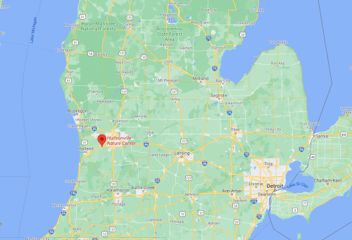 Map showing the location of Hudsonville Nature Center in Michigan, near Holland and south of Grand Rapids.