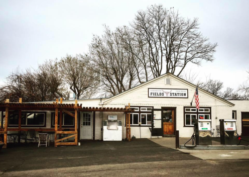 A rustic gas station with a wooden awning, featuring a sign that reads "Field's Station" and an American flag.