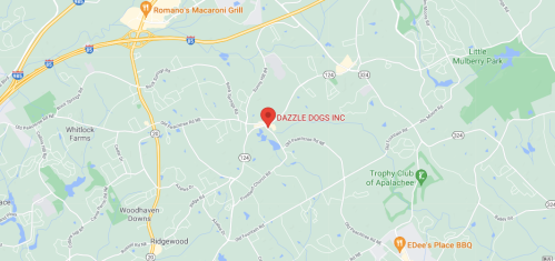 Map showing the location of Dazzle Dogs Inc, marked with a red pin, near various roads and landmarks.