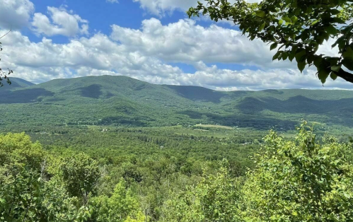 A scenic view of lush green mountains under a partly cloudy sky, framed by trees in the foreground.