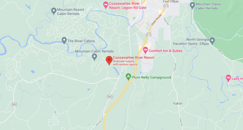 Map showing Coosawattee River Resort and nearby cabin rentals and campground in East Ellijay, Georgia.