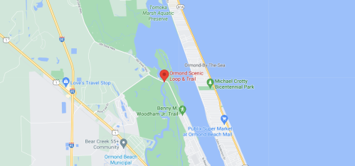Map showing the Ormond Scenic Loop & Trail near Ormond Beach, Florida, with nearby parks and landmarks.