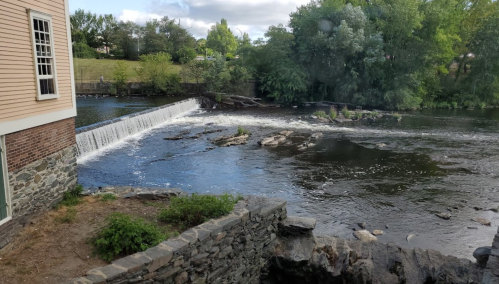 A serene river scene featuring a small waterfall and rocky shoreline, surrounded by lush greenery and a building nearby.
