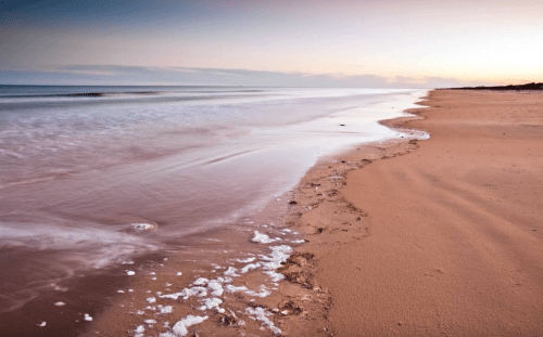 A serene beach at sunset, with gentle waves lapping at the sandy shore and a calm horizon.