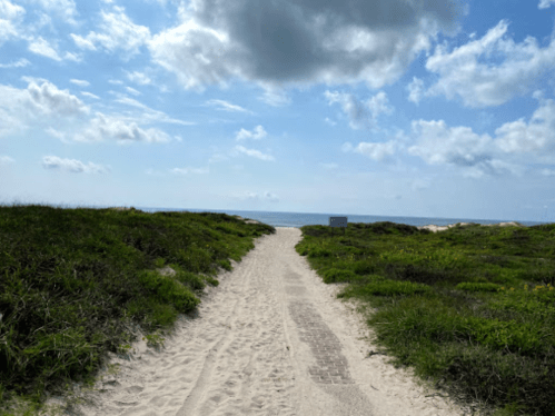 A sandy path leads through green grass to the ocean under a partly cloudy sky.