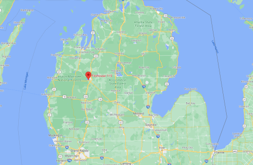 Map showing the location of Firehouse 115 in Michigan, near Huron-Manistee National Forests and Roscommon State Forest.