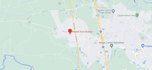 Map showing the location of Neutral Zone Studios, near Camden County High School and major highways.