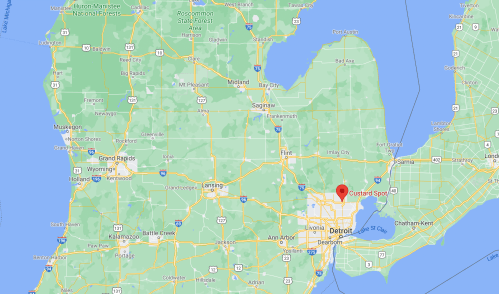 Map of Michigan highlighting the Detroit area, with a marker for Custard Spot.
