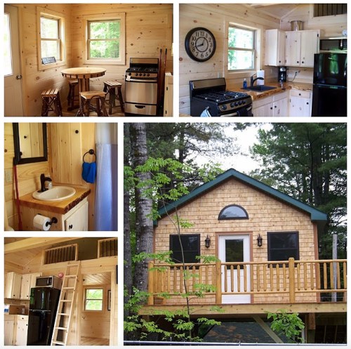Cozy wooden cabin interior with kitchen, dining area, bathroom, and exterior deck surrounded by trees.