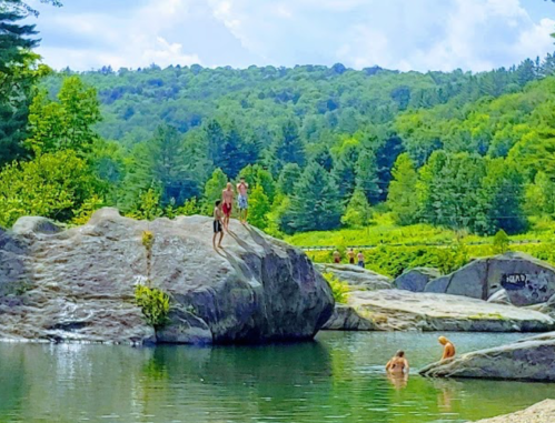 Two people stand on a rock by a river, while others swim nearby, surrounded by lush green trees and hills.