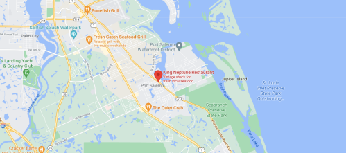 Map showing the location of King Neptune Restaurant in Port Salerno, Florida, near local attractions and waterways.