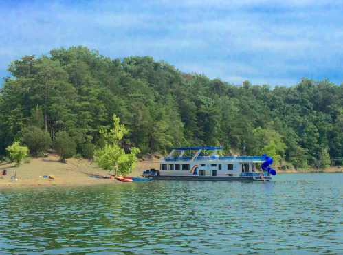 A houseboat anchored near a sandy shore, surrounded by lush green trees and calm water under a blue sky.