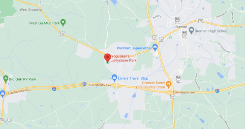 Map showing the location of Yogi Bear's Jellystone Park near Bremen, Georgia, with nearby landmarks and roads.
