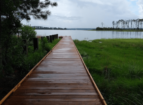 A wooden boardwalk leads to a calm lake, surrounded by lush green grass and trees under a cloudy sky.