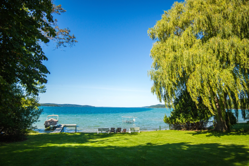 A serene lakeside view with a grassy area, a willow tree, and boats on the water under a clear blue sky.