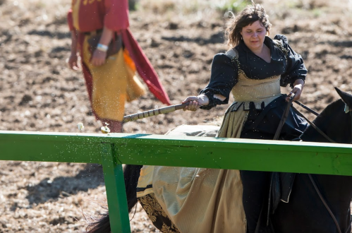 A woman in a historical dress rides a horse, swinging a lance over a green barrier during a competition.