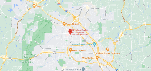 Map showing the location of Doughnut Dollies, a creative donut shop near Six Flags White Water in Marietta, Georgia.