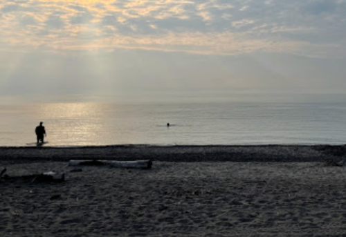 A person stands on a beach while another swims in calm waters under a cloudy sky.