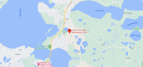 Map showing the location of the Lady of the Lakes Renaissance Faire near Yalaha, Florida, with nearby lakes and parks.