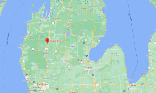 Map showing Yoders of Tustin located in central Michigan, near Huron-Manistee National Forests.