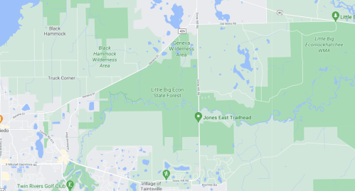 Map showing the Little Big Econ State Forest and surrounding areas, including trails and natural features.