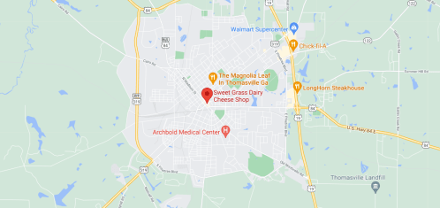 Map of Thomasville, Georgia, highlighting Sweet Grass Dairy Cheese Shop and nearby landmarks.