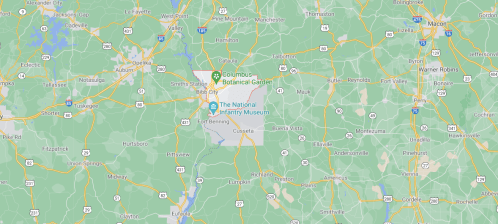 Map showing central Georgia with notable locations like Columbus Botanical Garden and the National Infantry Museum.
