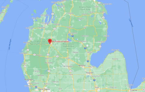 Map showing Michigan with a red marker indicating the location of Mr. Foile's Pasties.