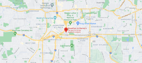 Map of Atlanta highlighting "Breakfast at Barney's," a spot for all-day brunch and cocktails.