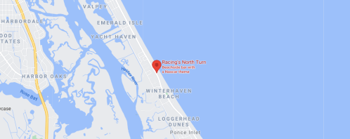 Map showing Racing's North Turn location near Winterhaven Beach, with nearby waterways and landmarks.