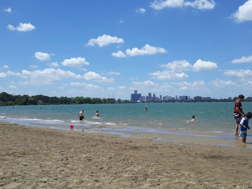 A sandy beach with people swimming and playing in the water, with a city skyline in the background under a blue sky.