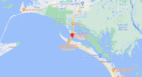 Map showing the location of Dixie Fish Co, a waterfront seafood restaurant with live music, near Fort Myers Beach.