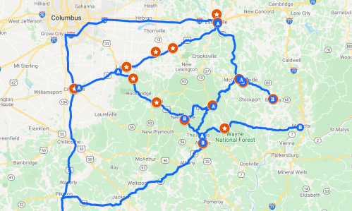 Map showing a route around Columbus, Ohio, with marked points of interest and a blue path connecting them.