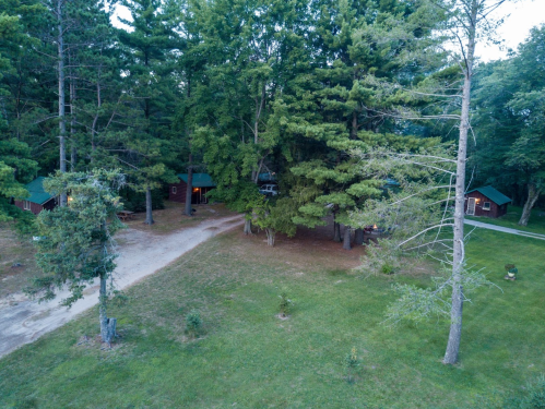 Aerial view of a wooded area with cabins and a gravel path surrounded by tall trees and green grass.