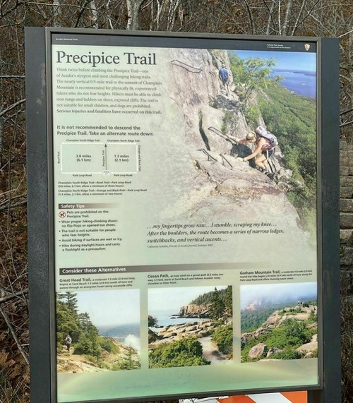 Sign for Precipice Trail, warning about its difficulty and suggesting alternate routes, with scenic views in the background.