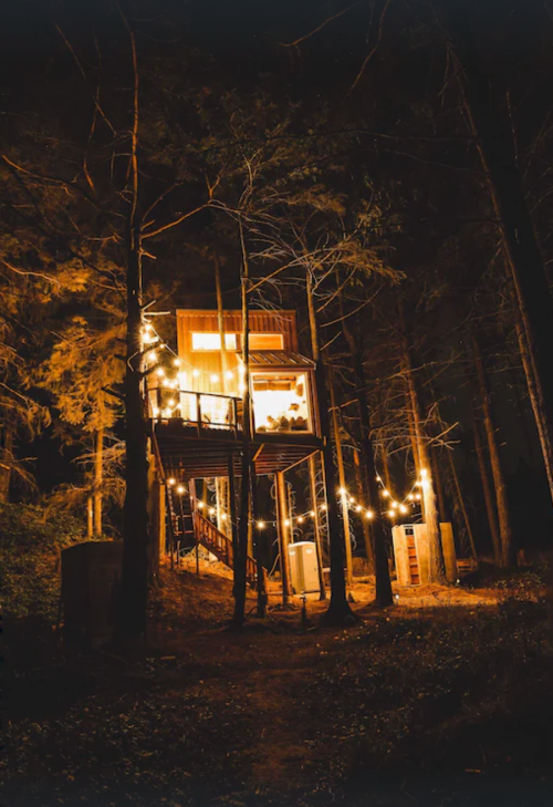 A cozy treehouse illuminated by warm lights, surrounded by tall trees at night.